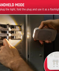 Person using 4 In 1 LED Power Failure Night Light Pack 6 Count Plug In Light Sensing Auto On Off Foldable Plug Soft White Emergency Flashlight