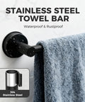 Adjustable Suction Cup Towel Bar For Bathroom Wall From 14.6 To 24 Inches Matte Black Stainless Steel Bath Towel Holder mounted on wall.