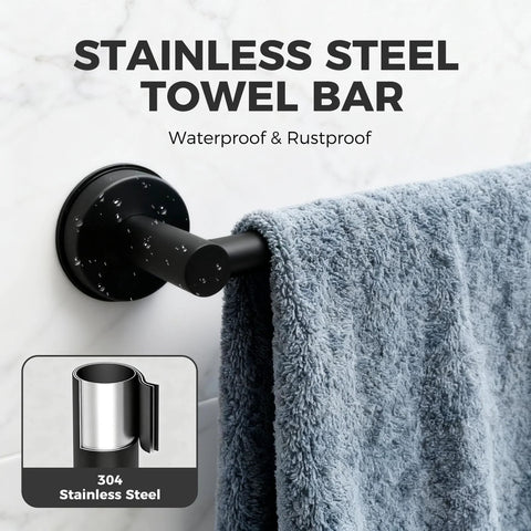 Adjustable Suction Cup Towel Bar For Bathroom Wall From 14.6 To 24 Inches Matte Black Stainless Steel Bath Towel Holder mounted on wall.
