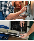 Man using 2 Piece Magnetic Ball End Hex Screwdriver Set, adjusting home appliance and pipe fittings, showcasing versatile use.