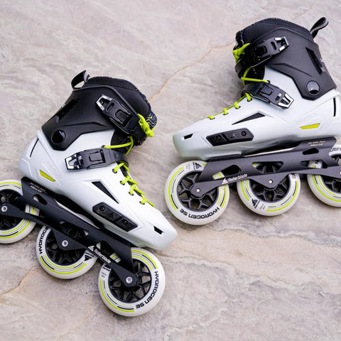 Lightning 110 Inline Skates For Men With 3x110 Wheel Setup, Urban City Cruising And Fitness Skating, White And Black on marble floor