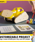 Sweet Wooden Bulldozer Model Kit For Kids DIY Construction Truck Toy with yellow paint and stickers for customization.