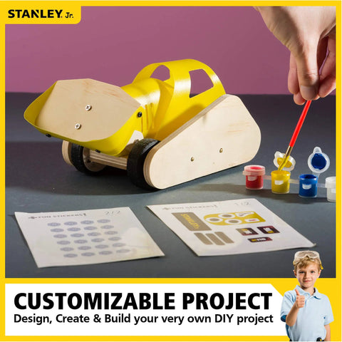 Sweet Wooden Bulldozer Model Kit For Kids DIY Construction Truck Toy with yellow paint and stickers for customization.