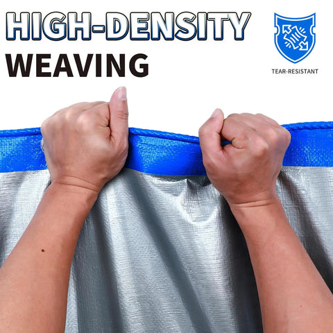 Hands gripping Heavy Duty 8x12 Foot Tarp 7 Mil Waterproof Poly Tarpaulin With UV Resistant Shield, tear-resistant material