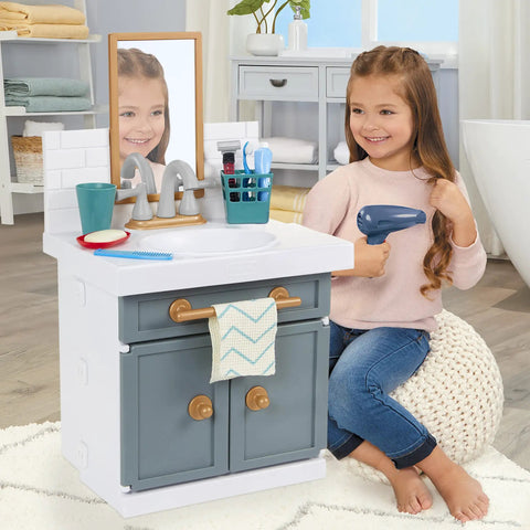 Tot Tested Bathroom Sink Playset With Real Working Water Faucet And Electric Pump Comes Complete With Twelve Kid Approved Accessories For Straight Up Fun Pretend Role Playing Ages Two And Up