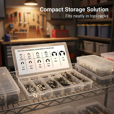 800 Piece E Clip Retaining Ring Kit With 10 Sizes In Manganese Steel Pro Grade E Rings in reusable case on storage rack