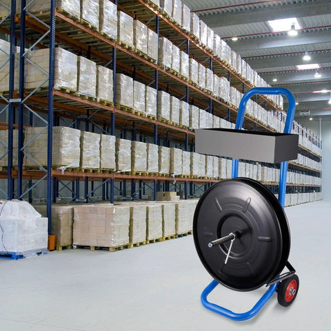 Heavy Duty Strapping Cart Dispenser For 16x16 And 8x8 Coils Movable Banding Machine With Brake System And Spacious Tray Keeps PET PP And Fiber Straps Neat And Ready To Roll Super Handy Easy Transport Cart in warehouse