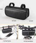 On The Go 33 Piece Bike Repair Kit With Mini Pump and 16 In 1 Multitool handy repair bag mounted on bike frame and handlebar.
