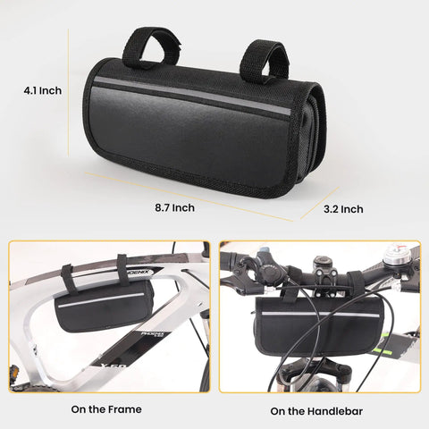 On The Go 33 Piece Bike Repair Kit With Mini Pump and 16 In 1 Multitool handy repair bag mounted on bike frame and handlebar.