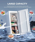 No Fuss Compact Upright Freezer With Six Cubic Feet Capacity, Seven Level Temperature Control, Removable Glass Shelves, Adjustable Legs, Reversible Door, White Stand Up Appliance For Dorms Or Homes, open showing food storage.