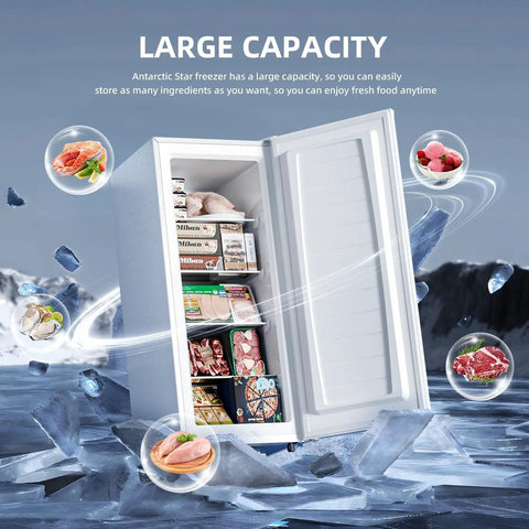 No Fuss Compact Upright Freezer With Six Cubic Feet Capacity, Seven Level Temperature Control, Removable Glass Shelves, Adjustable Legs, Reversible Door, White Stand Up Appliance For Dorms Or Homes, open showing food storage.