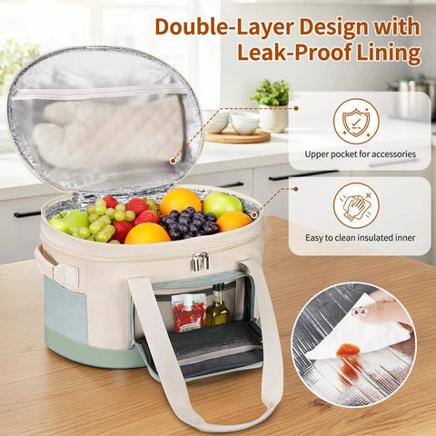 Heavy Duty Six To Eight Quart Slow Cooker Carry Bag With Double Layer Shell showing fruits inside and insulated leak-proof lining.
