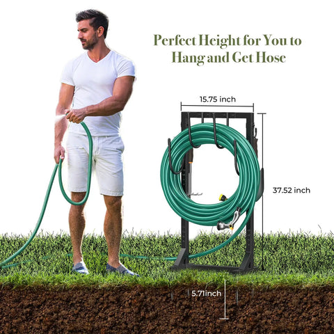 Man using Beefy Freestanding Metal Hose Holder Stand With 4 Anchor Points And 6 Hooks Holds Up To 150 Feet Of Hose