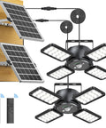 Heavy Duty Solar Shed Lights With Four Bright Heads Offering 1200 Lumens And Kickass Motion Sensor Detection Plus Remote Control, showing solar panel and lamps.