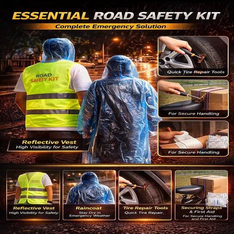 Beefed Up Car Roadside Emergency Kit With Jumper Cables Headlamp Tow Straps Safety Hammer Rain Gear Gloves Air Compressor First Aid Supplies And More For Quick Fixes On The Road with reflective vest and raincoat shown.