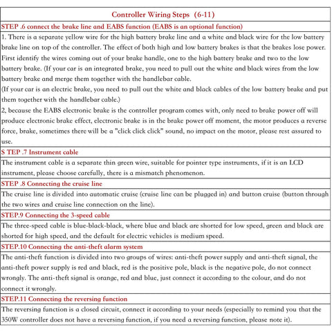 Instructions for wiring steps 6-11 for ebike and scooter high power controller