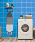 Space Saving Laundry Room Hanger Wall Mount For Iron And Ironing Board With Metal Frame And Large Wooden Base Basket For Iron Starch And Spray Bottle Removable Hooks Black Finish in laundry room setup