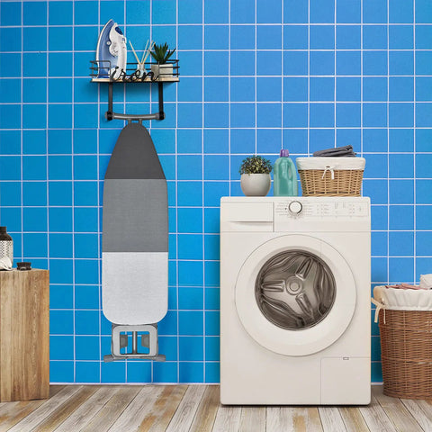 Space Saving Laundry Room Hanger Wall Mount For Iron And Ironing Board With Metal Frame And Large Wooden Base Basket For Iron Starch And Spray Bottle Removable Hooks Black Finish in laundry room setup