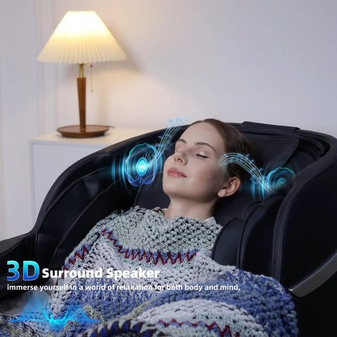 Woman relaxing in 4D Massage Chair For Home Relaxation With Full Body Zero Gravity Recliner And 55 Inch SL Track Body Scan A303C Black