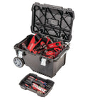 Open Rolling Tool Box With Wheels Lockable Black Plastic Chest for On The Go Pros showing interior tool organization