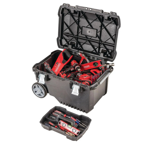 Open Rolling Tool Box With Wheels Lockable Black Plastic Chest for On The Go Pros showing interior tool organization
