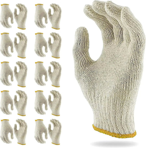 Durable Heavy Duty Cotton Polyester Work Gloves With Rock Solid Grip, 12 Pairs Thick String Knit Safety Gloves For Yard Mechanics Warehouse And Bbq Jobs, featuring 12 pairs with breathable knit design.