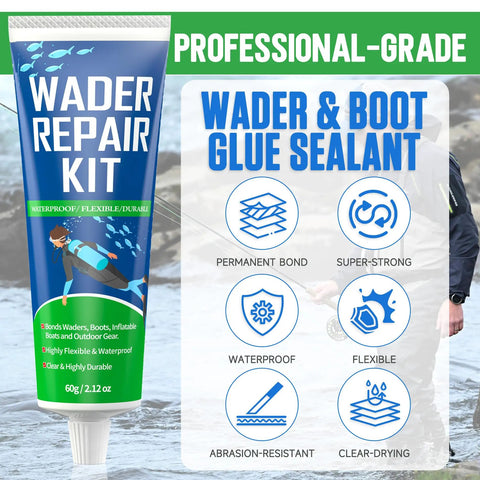 Flexible Waterproof Wader Patch Kit For Fixing Rips Tears And Holes In Boots Waders Wetsuits PVC Inflatables displayed with features.