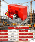 Powerful 1250W Electric Hydraulic Rebar Cutter showing specifications for cutting rods up to 20mm in a construction site.