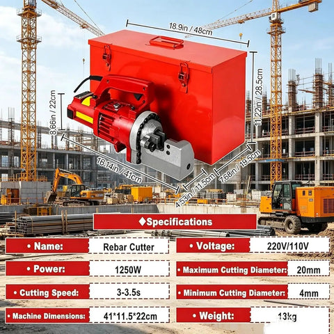 Powerful 1250W Electric Hydraulic Rebar Cutter showing specifications for cutting rods up to 20mm in a construction site.