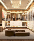 Top Notch White Closet Storage System Featuring Six Sturdy Wood Drawers Six Hanging Rods Corner Tower Shelf And Open Bottom Shoe Bin view of organized closet with hanging clothes and shoe display.