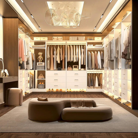 Top Notch White Closet Storage System Featuring Six Sturdy Wood Drawers Six Hanging Rods Corner Tower Shelf And Open Bottom Shoe Bin view of organized closet with hanging clothes and shoe display.