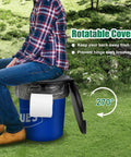 Universal 5 Gallon Bucket Toilet Seat With Pillowy Comfort And Snug Lid, rotatable cover and user sitting outdoors.