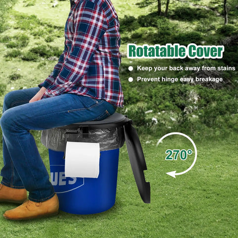 Universal 5 Gallon Bucket Toilet Seat With Pillowy Comfort And Snug Lid, rotatable cover and user sitting outdoors.
