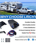 Display of Proportional Electric Over Hydraulic Trailer Brake Controller Kit components and trailer scene with warranty info