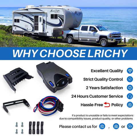 Display of Proportional Electric Over Hydraulic Trailer Brake Controller Kit components and trailer scene with warranty info