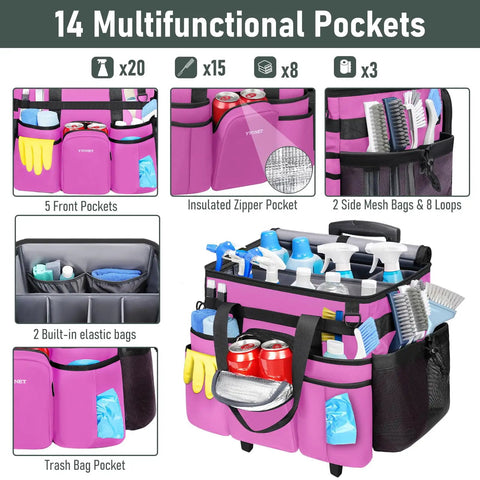Pink Cleaning Caddy With Wheels, Extra Large 39L Rolling Organizer Bag With Detachable Trolley, showing 14 pockets filled with supplies.