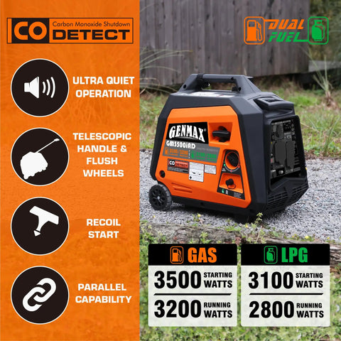 Dual Fuel Portable Generator With 3500W Peak And 3200W Rated Gas Or 3100W Peak Propane outdoor setup with features display