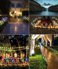 Solar Lily Garden Lights 6 Pack With 24 LED Outdoor Stake Lights illuminating paths and decor at night in various outdoor settings.