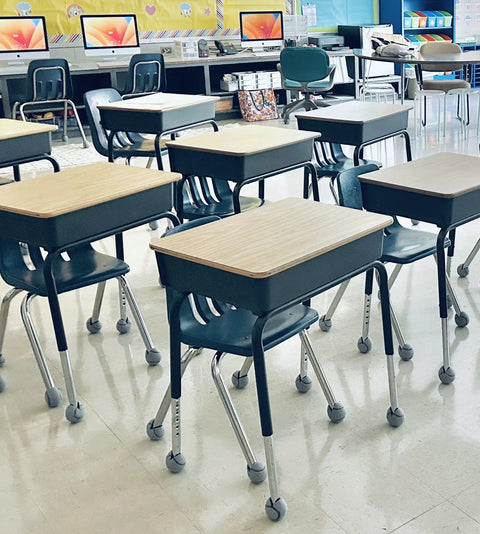 Classroom desks with Heavy Duty Precut Tennis Ball Floor Protectors Glides for Classroom Furniture 200 Count Grey Felt Padding