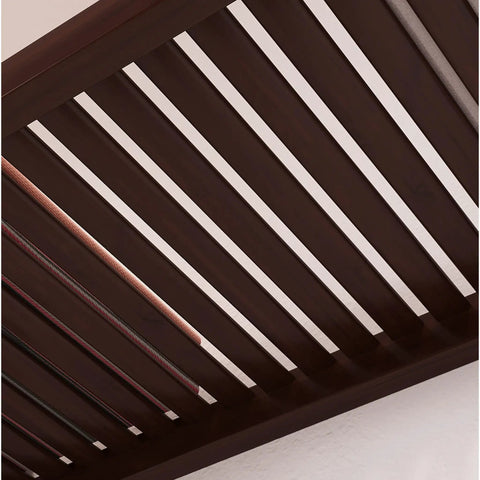 Top Shelf Solid Wood Closet Organizer System With Mad Storage Capacity And Hella Sturdy Hanging Rods Wall Mounted Espresso Finish close-up of hanging rods in espresso.