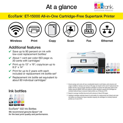 EcoTank Wireless Color All In One Printer With Scanner And Copier, Fax, Ethernet, Supertank System, Printing Up To 13 By 19 Inches, White Ideal For Home Office And Small Business Use, shown with ink bottles