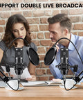 Two-Mic Podcast Studio Bundle With Dual BM800 Cardioid Condenser Mics and pop filters on desk arms in studio setting.