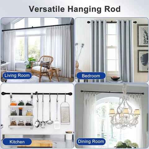 Heavy Duty Black Curtain Rod Set For Windows 45 To 48 Inches With Matte Black Lamp Style Finials in various room setups