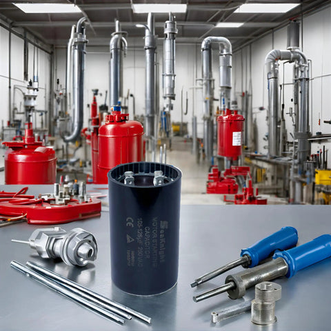Motor Start Capacitor 105-126 MFD 250V for Franklin Control Box 2823 Series Well Pump with tools on a workshop table.