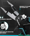 Close-up of Five In One Wire Stripper And Crimping Tool With Needle Nose Pliers, showing CR-V steel and shearing blades for electricians.