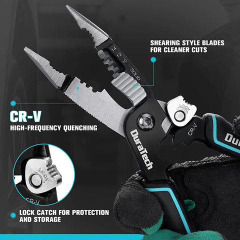 Close-up of Five In One Wire Stripper And Crimping Tool With Needle Nose Pliers, showing CR-V steel and shearing blades for electricians.