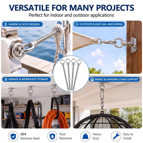 Heavy Duty 304 Stainless Steel Eye Bolts With Nuts Four Pack Marine Grade used for garage storage, shade sail anchoring and boat rigging.