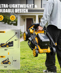 Man holding folded 40V Cordless Lawn Mower That Plays Nice With 2x20V MAX Batteries, 14 Inch Cut, 6-Position Height