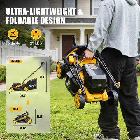 Man holding folded 40V Cordless Lawn Mower That Plays Nice With 2x20V MAX Batteries, 14 Inch Cut, 6-Position Height