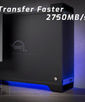 Goes Hard Eight Bay External Storage Enclosure Delivers Two Thousand Seventy Five Megabytes Per Second rear view with blue LED light